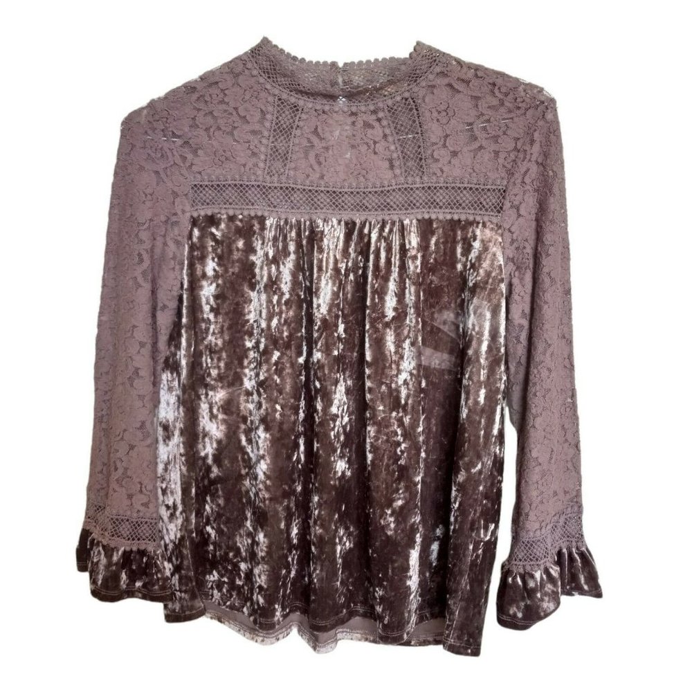 Mystree Women's Velour Lace Ruffle Sleeve Boho Top Size Large